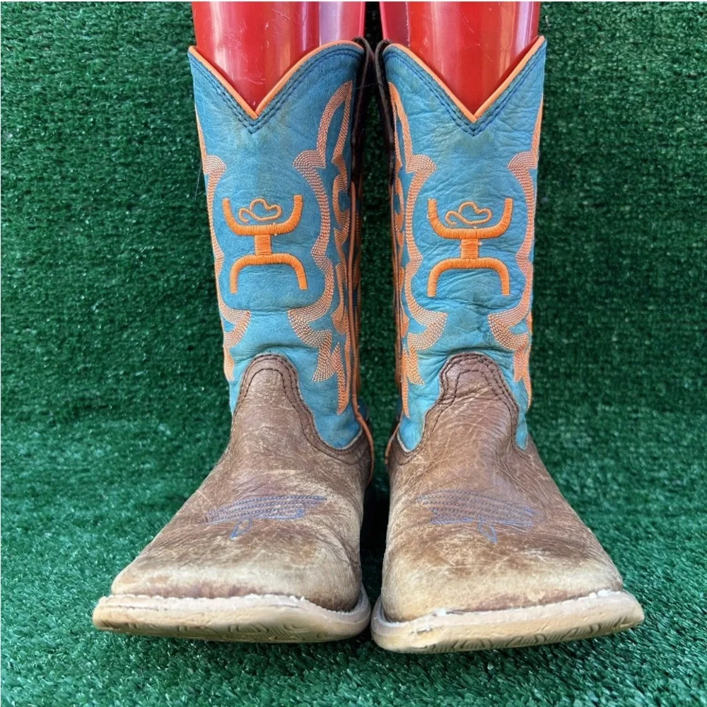 Twisted X Hooey Boots Size 4M Looper Leather Cognac Blue‎ Orange Cowboy Western